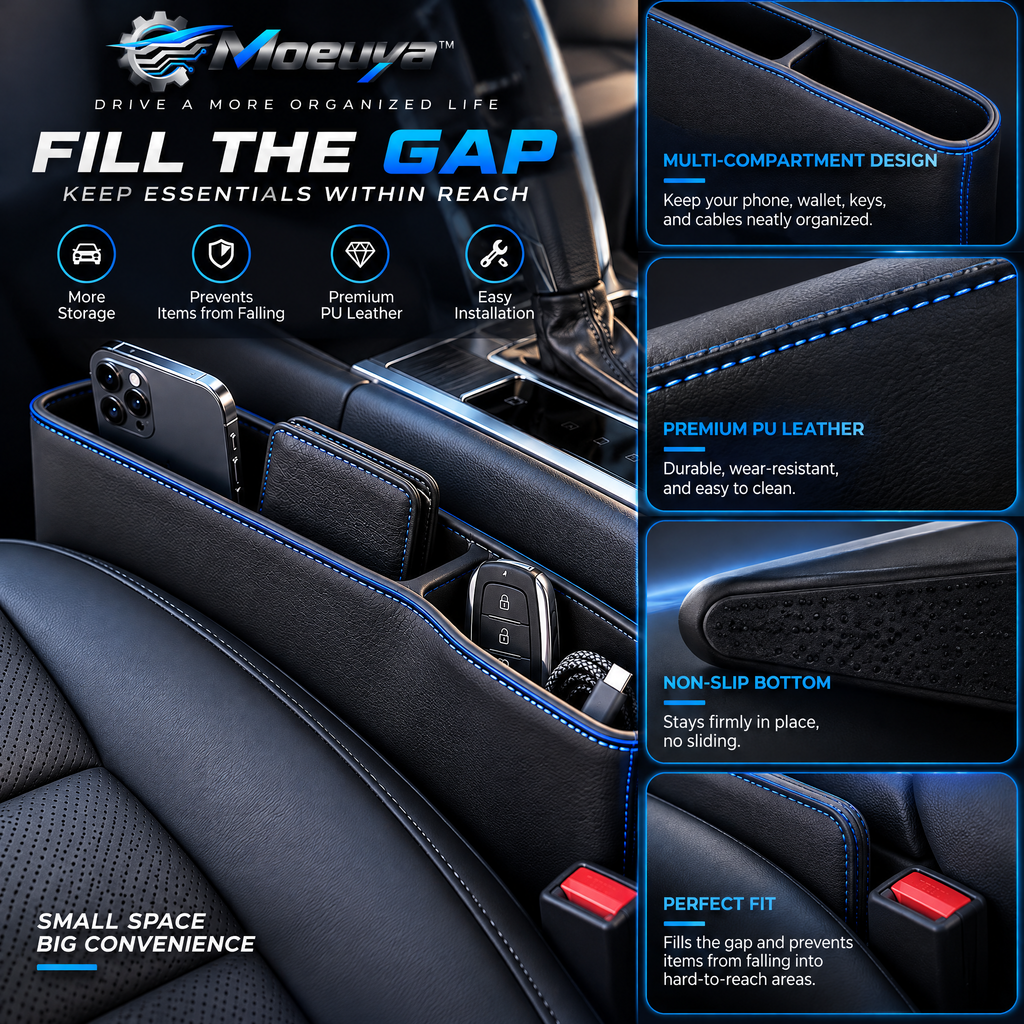 Moeuya™ Premium Car Seat Gap Organizer — branded feature overview
