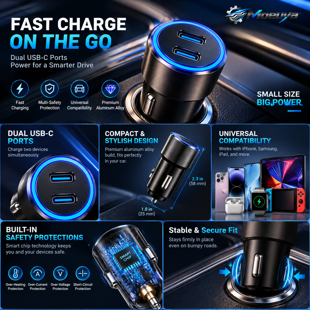 Moeuya™ Dual USB-C Fast Car Charger — branded feature overview