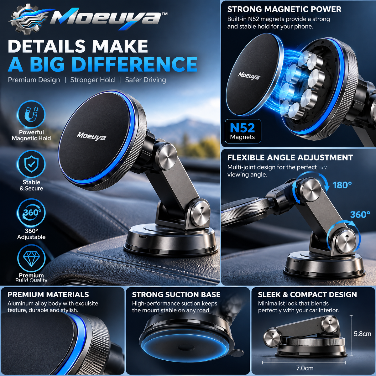 Moeuya™ Magnetic Adjustable Phone Mount — branded feature overview