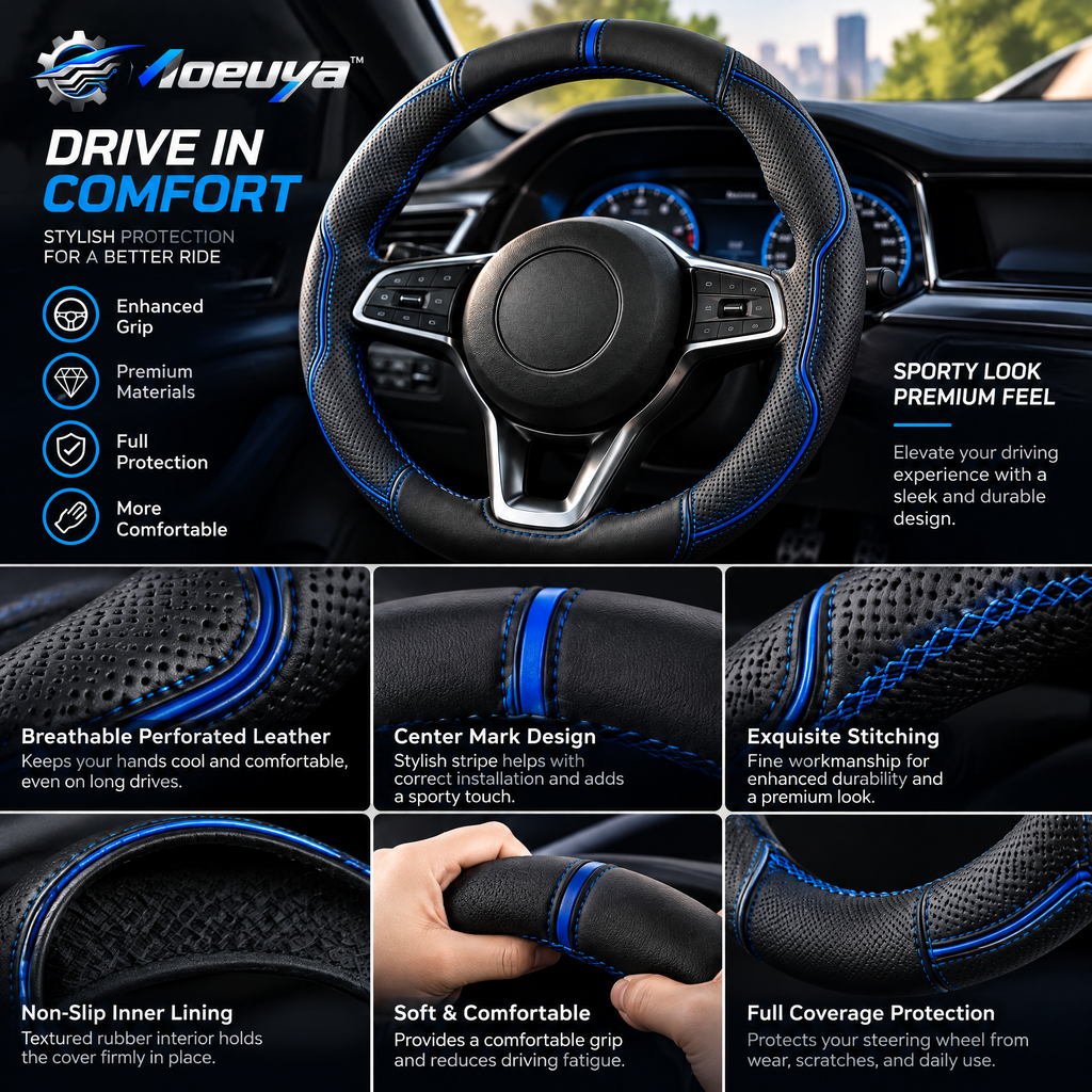 Moeuya™ SportGrip Steering Wheel Cover — branded feature overview