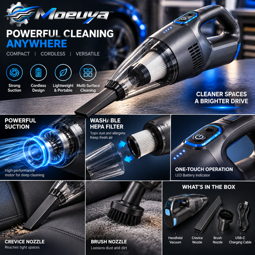 Moeuya™ Cordless Handheld Car Vacuum — branded feature overview