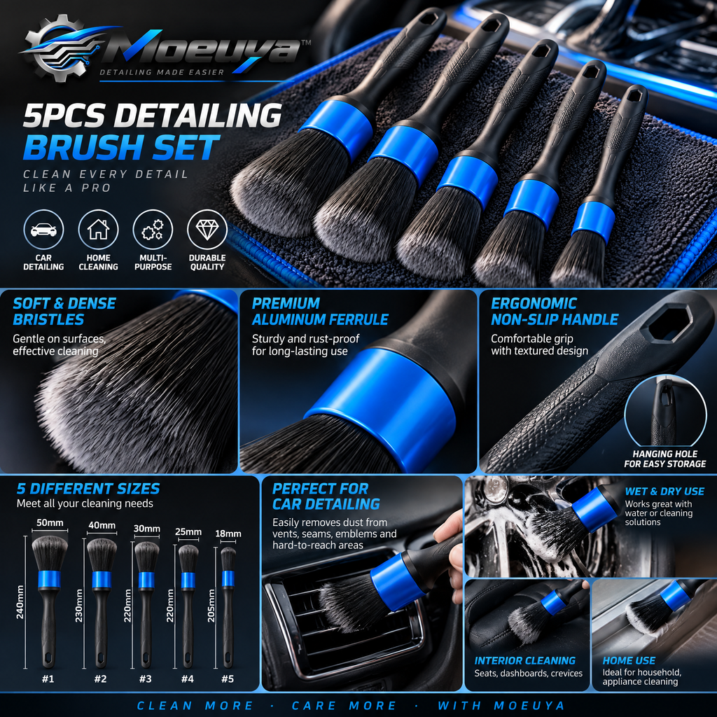 Moeuya™ 5-Piece Interior Detailing Brush Set — branded feature overview