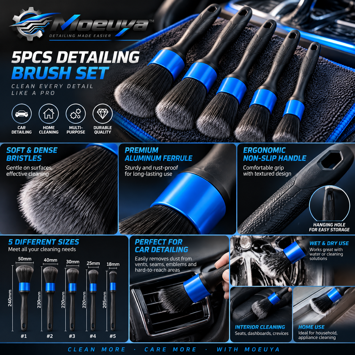Moeuya™ 5-Piece Interior Detailing Brush Set — branded feature overview