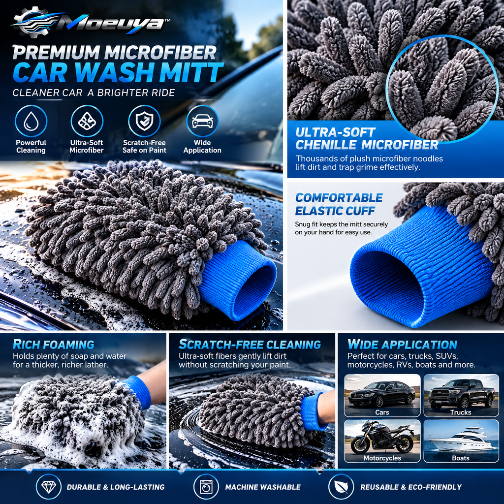 Moeuya™ Ultra-Plush Chenille Car Wash Mitt — branded feature overview