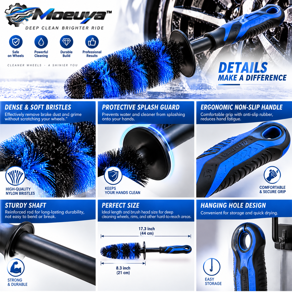 Moeuya™ Long-Reach Wheel & Tire Brush — branded feature overview
