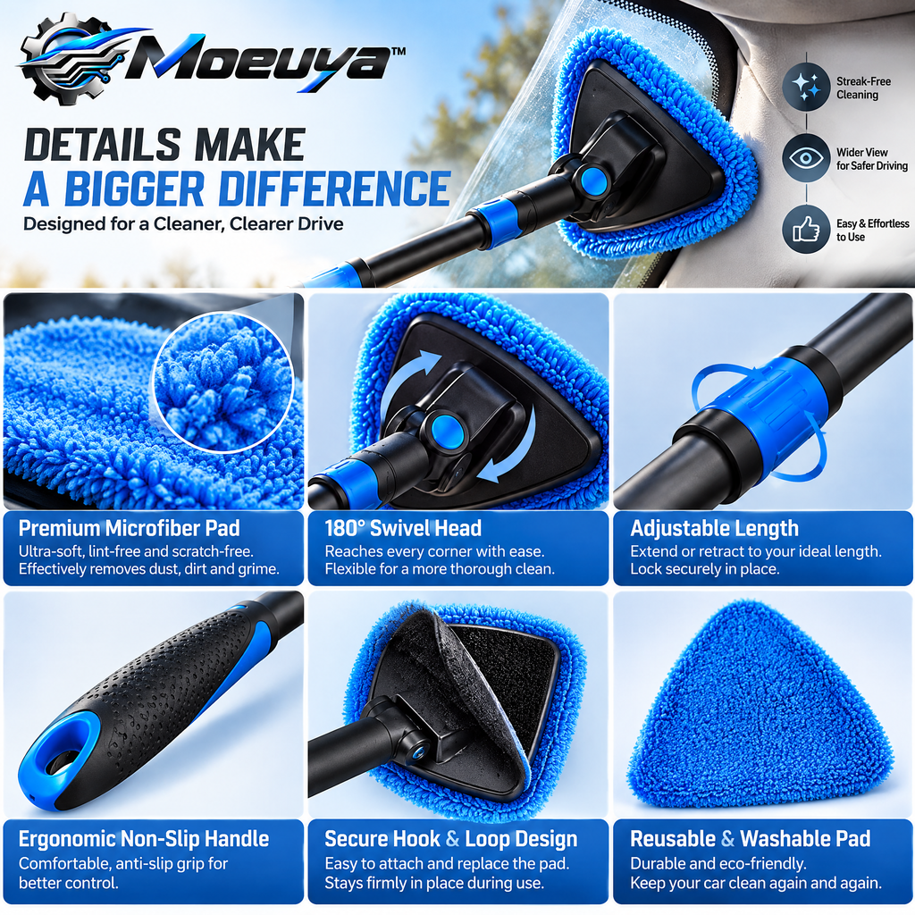 Moeuya™ Extendable Windshield Cleaning Tool — branded feature overview