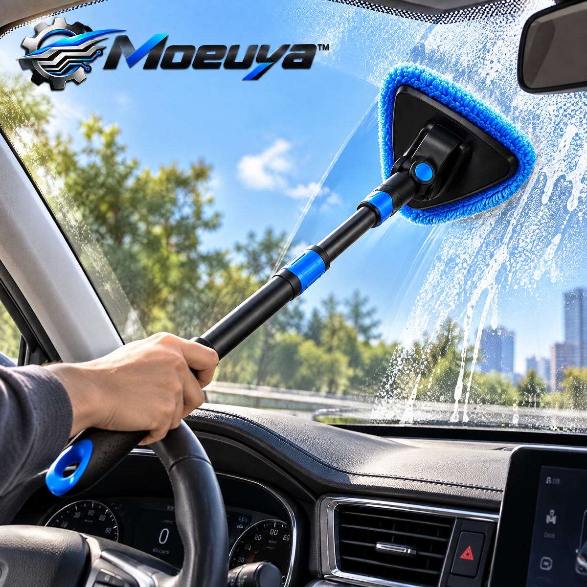 Moeuya™ Extendable Windshield Cleaning Tool — in-use view