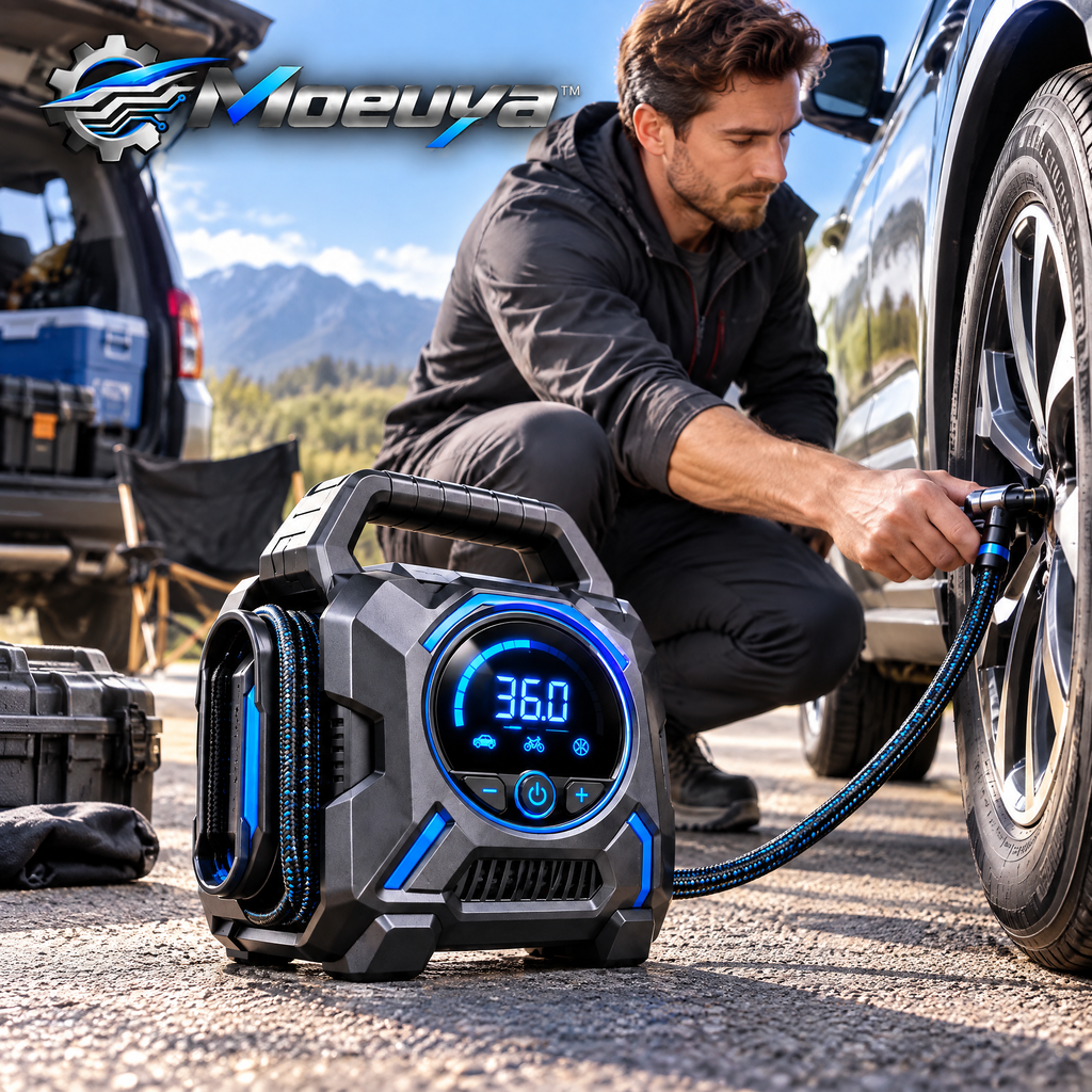 Moeuya™ Portable Digital Tire Inflator — in-use view