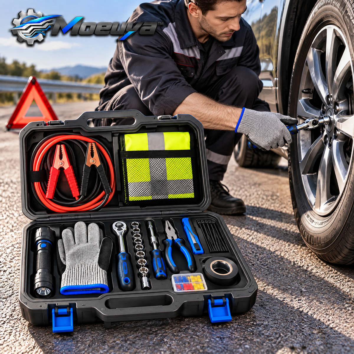 Moeuya™ Complete Roadside Emergency Tool Kit — in-use view