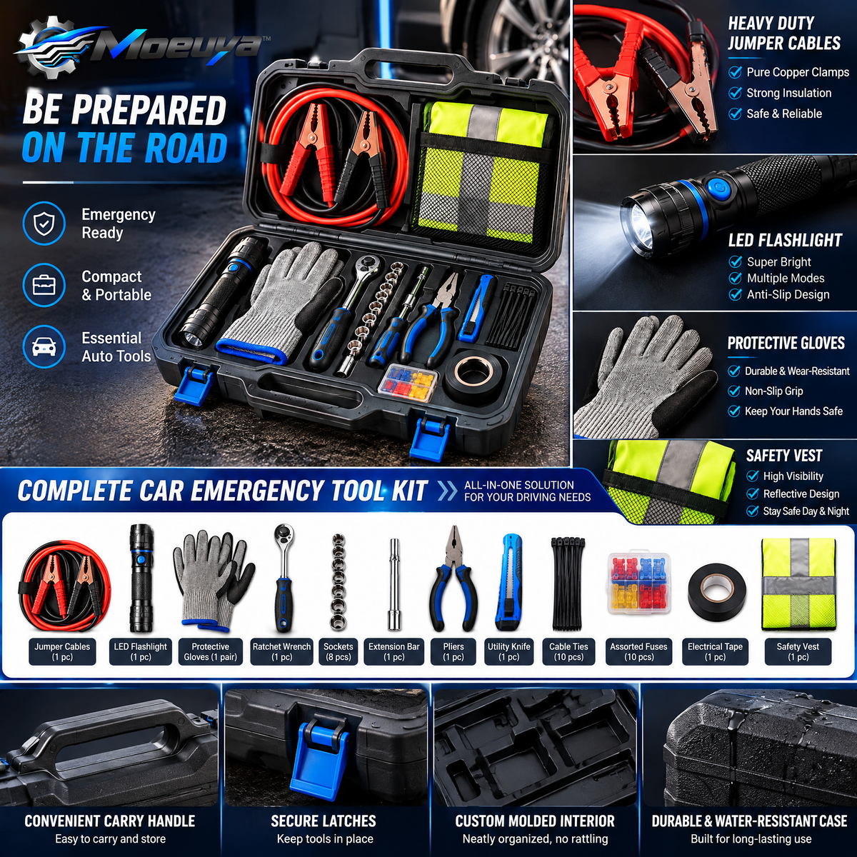 Moeuya™ Complete Roadside Emergency Tool Kit — branded feature overview