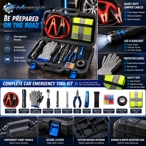Moeuya™ Complete Roadside Emergency Tool Kit — branded feature overview