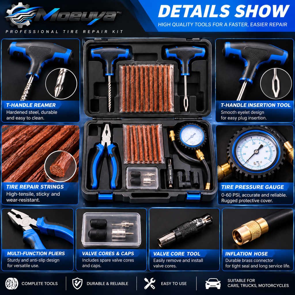Moeuya™ Tubeless Tire Repair Kit — branded feature overview
